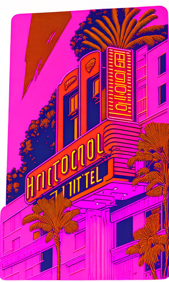 Colorful retro hotel facade with neon signs and palm trees in art deco style.