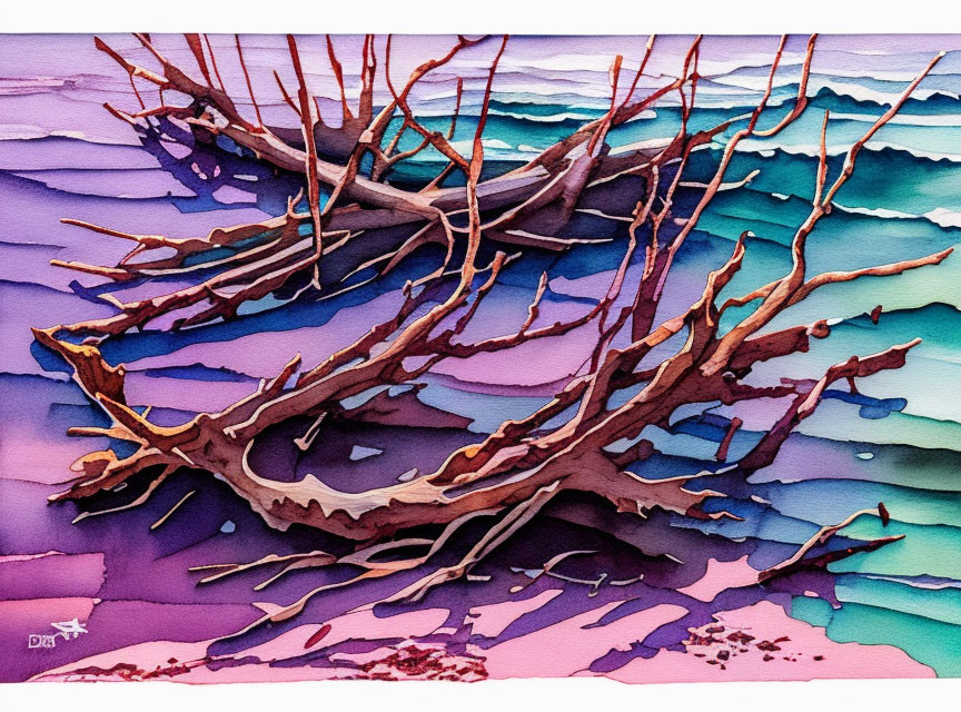 Colorful Watercolor Painting of Twisted Tree on Purple and Blue Background