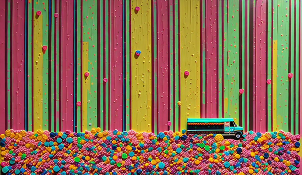 Vibrant artwork: small turquoise truck surrounded by colorful balls on striped yellow and pink walls.