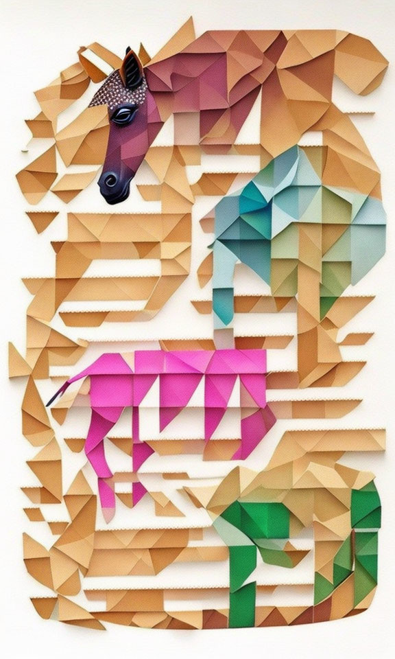 Abstract geometric paper art: colorful horse design in brown, teal, pink, green