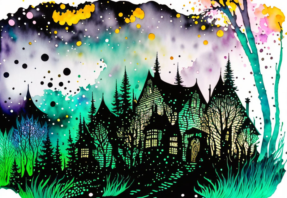 Vibrant watercolor painting of Gothic house in starry forest