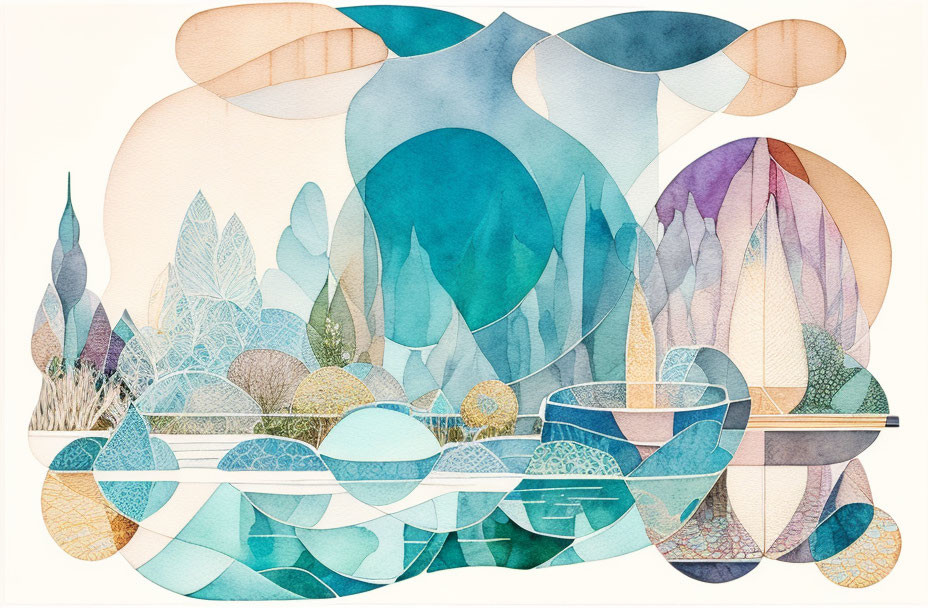 Blue, Aqua, and Beige Abstract Watercolor Artwork with Shapes and Patterns