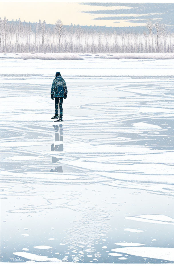 Winter scene: Person walking on frozen lake with snow-covered trees and cloudy sky