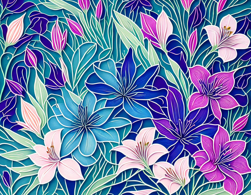 Colorful Floral Pattern with Blue and Pink Flowers on Dark Blue Background