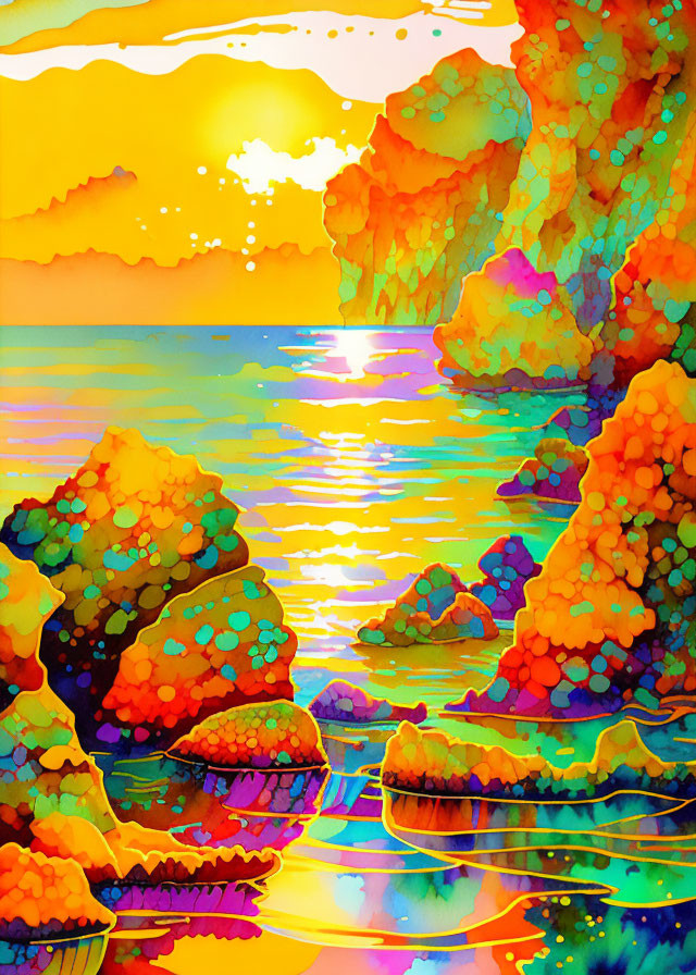 Colorful Psychedelic Landscape with Rocky Outcrops and Reflective Water