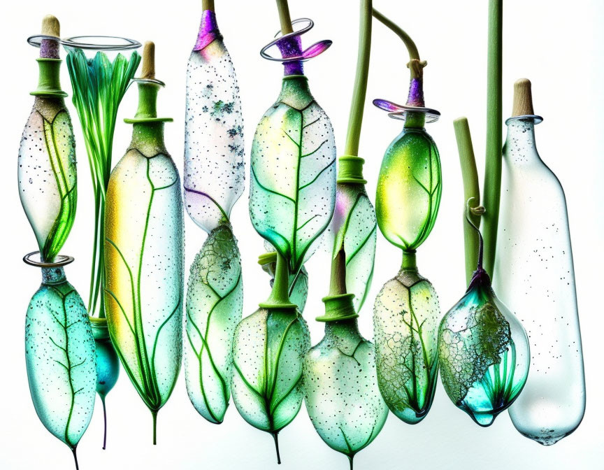 Assorted plant stems in colorful bottles on light background