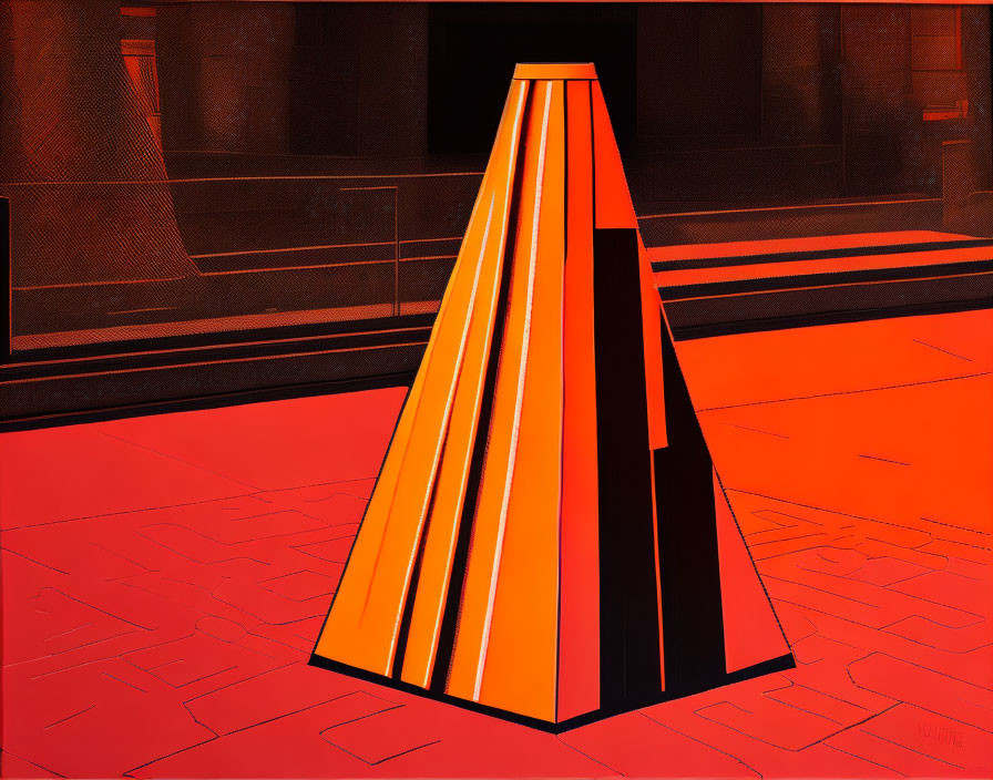 Vivid red surface with orange and yellow cone-shaped object on stylized background