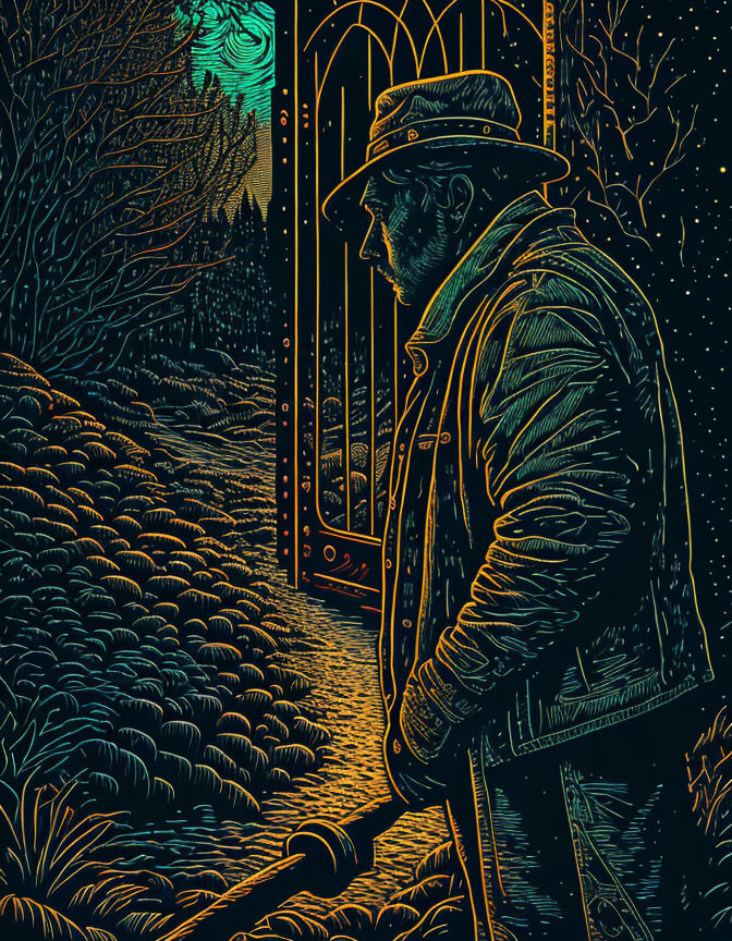 Illustration of person in jacket and hat by gate under starry night sky and aurora.