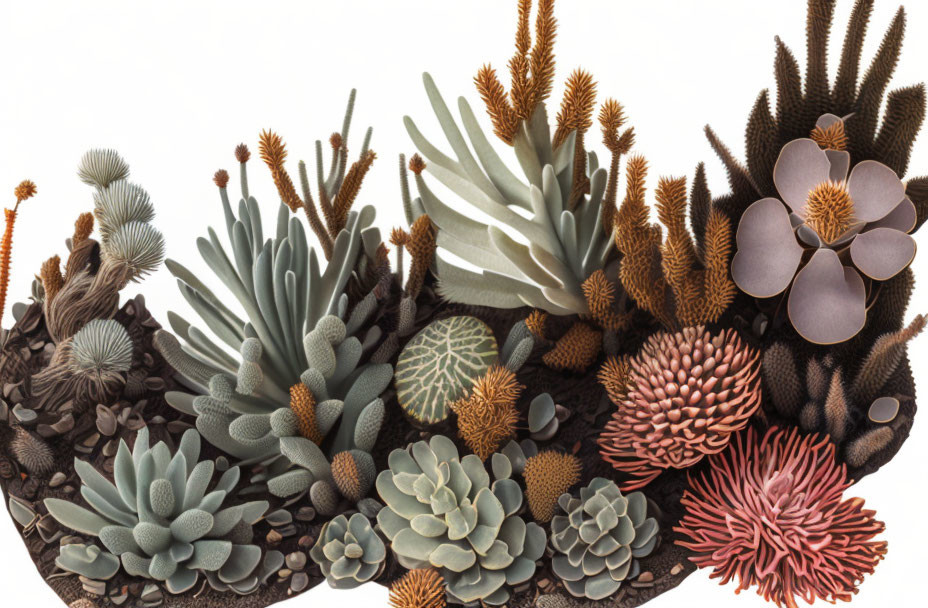 Diverse Succulent Plants in Earthy Tones Resemble Underwater Coral Reef