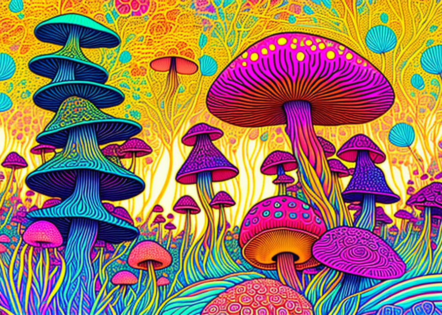 Colorful psychedelic mushrooms on intricate background