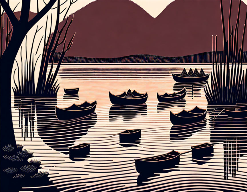 Serene Lake Scene Illustration with Warm Tones