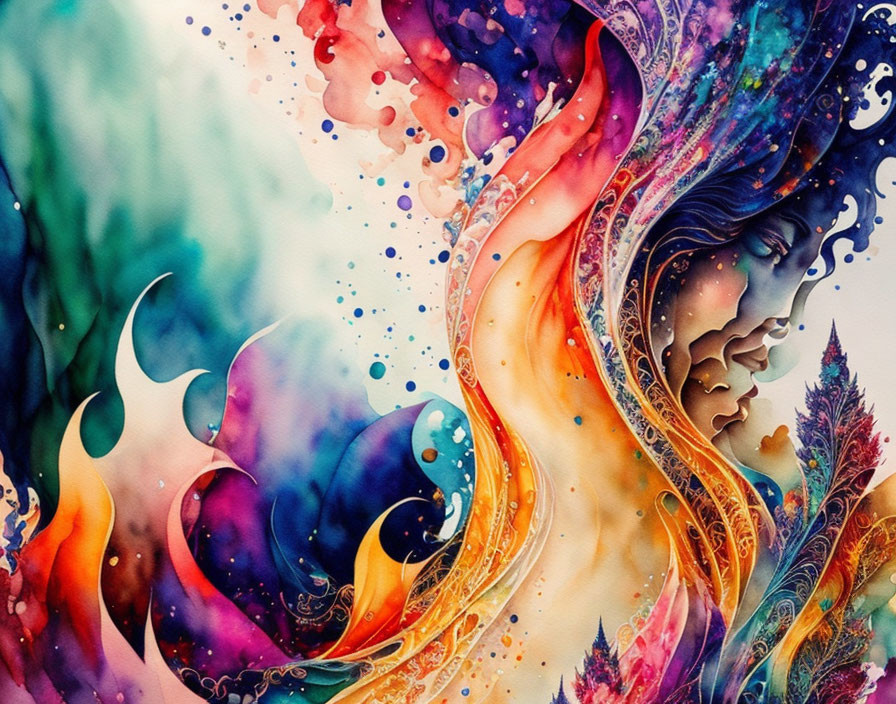 Vibrant watercolor painting: Abstract botanical elements with woman's profile in vivid hues.