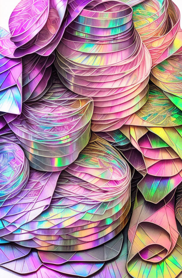 Vibrant iridescent paper concentric circles and curls pattern