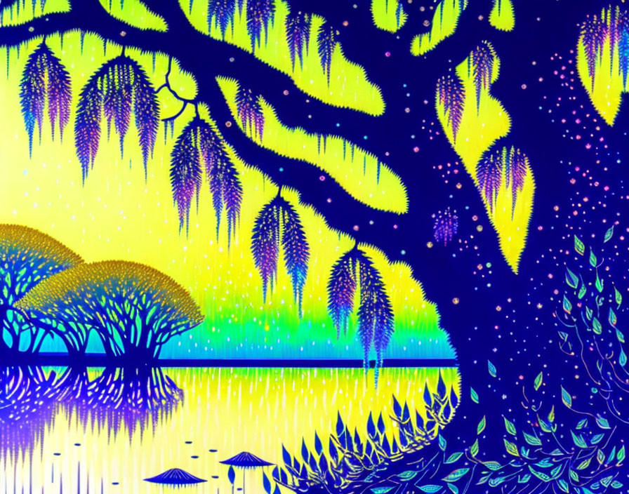 Colorful psychedelic art: Silhouette trees, neon foliage, starry night sky, and tranquil water