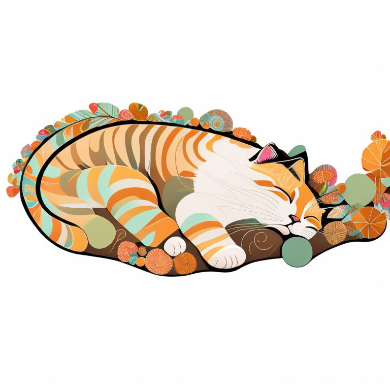 Colorful Sleeping Cat Surrounded by Decorative Plants and Patterns