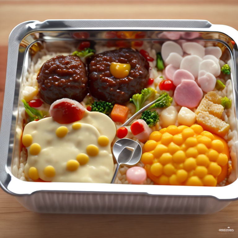 Vibrant bento box with heart-shaped eggs, rice, veggies, and smiley face sauce