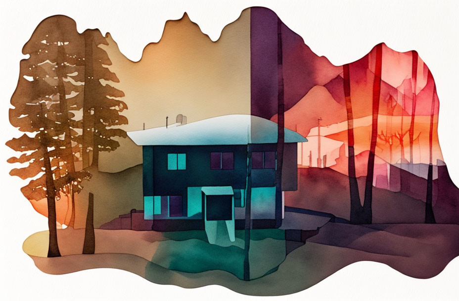 Stylized watercolor illustration: House, trees, mountains at sunset