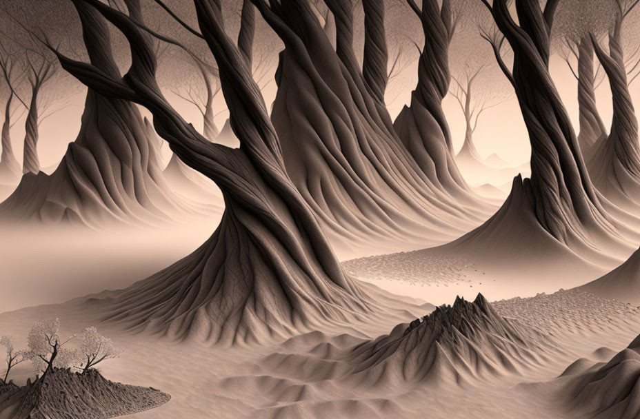 Elongated trees in surreal landscape with undulating terrain