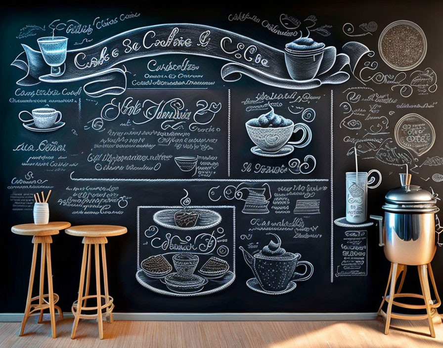 Coffee-themed chalk-drawn mural in stylish cafe setting