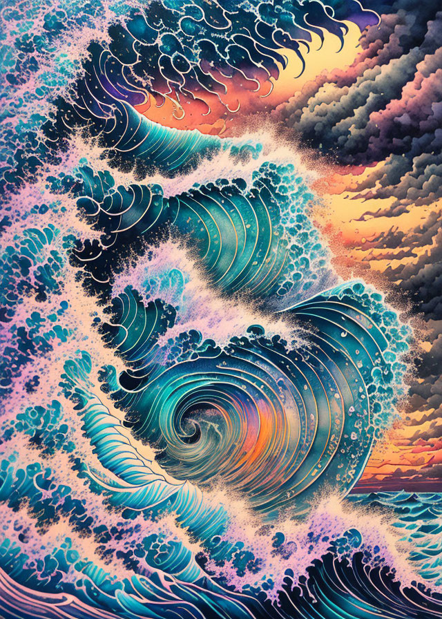 Colorful digital artwork: Blue wave pattern with multicolored sky