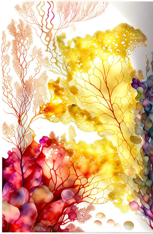 Colorful Coral-Like Structures with Red, Yellow, Purple, and Golden Sparkles