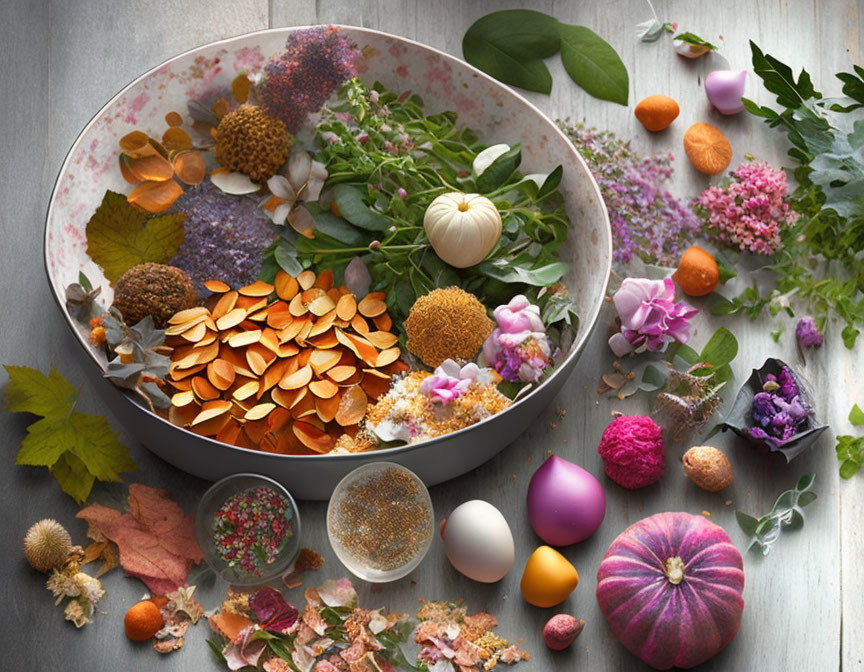 Autumnal elements arrangement with leaves, seeds, flowers, and pumpkin on wooden surface