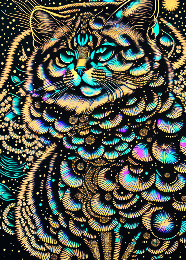 Colorful psychedelic cat art with blue eyes and swirling fur patterns