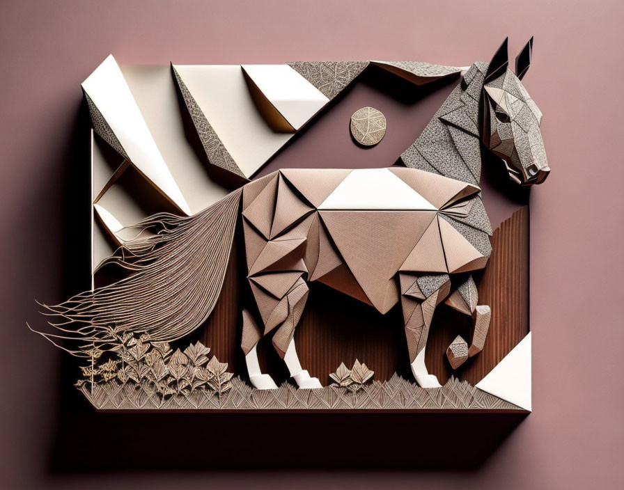 Geometric Animal Paper Art Installation on Brown Background