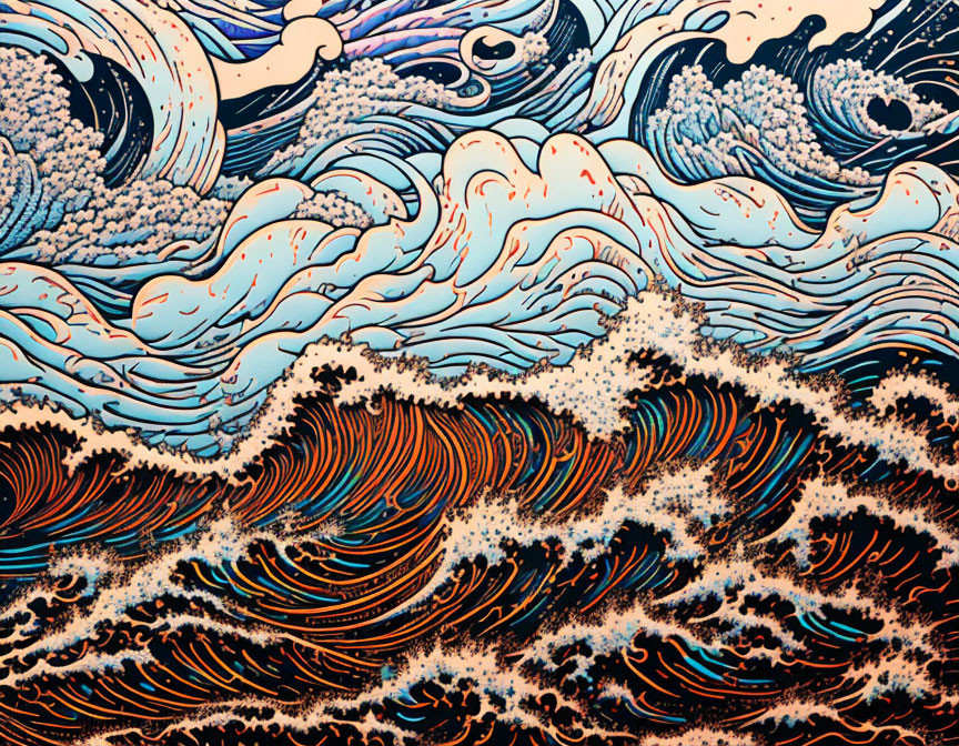 Colorful Ocean Waves Illustration in Blue, Orange & White