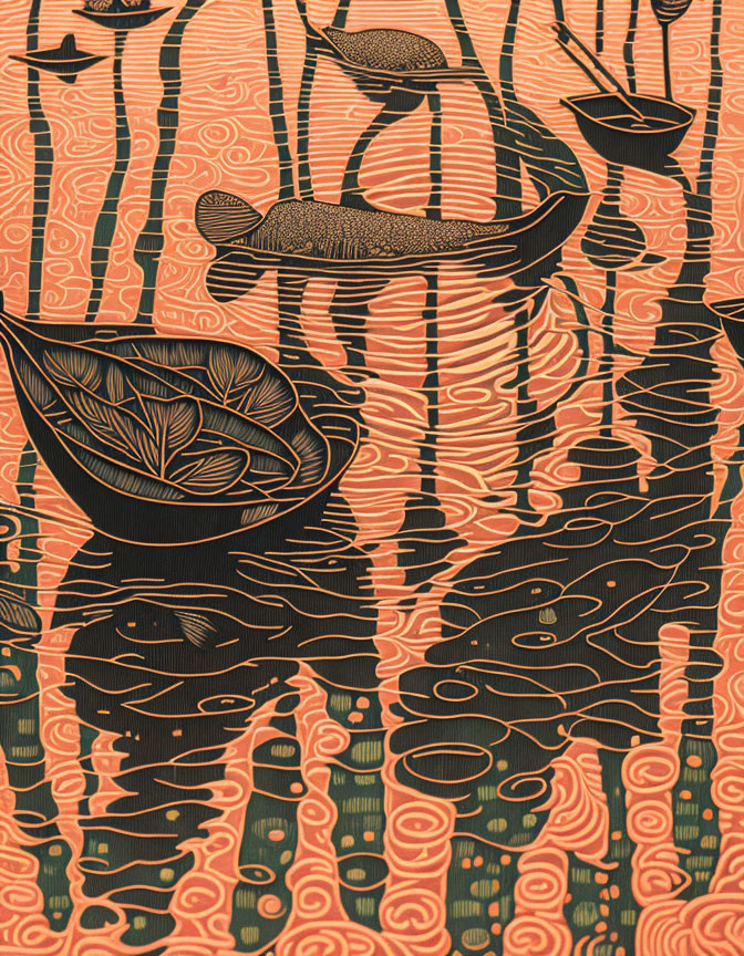 Stylized orange and black gondolas on patterned water surface