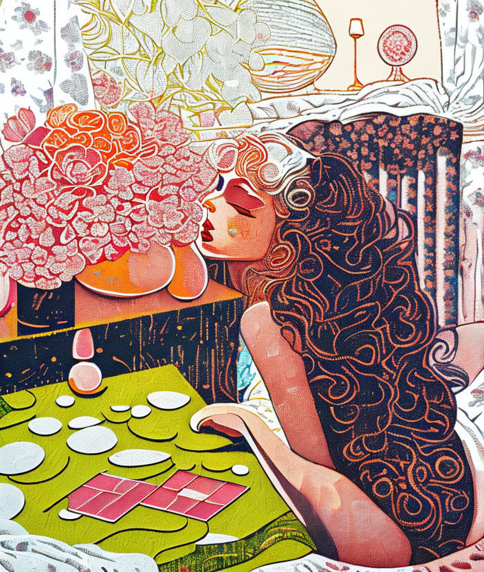 Vibrant illustration of woman with curly hair and table setting