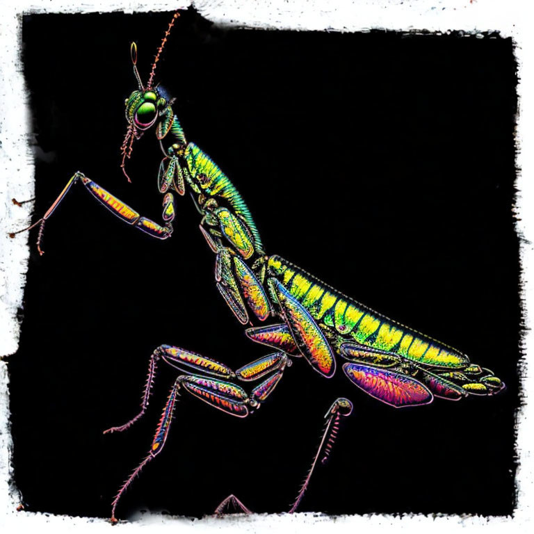 Colorful Neon Praying Mantis on Dark Background