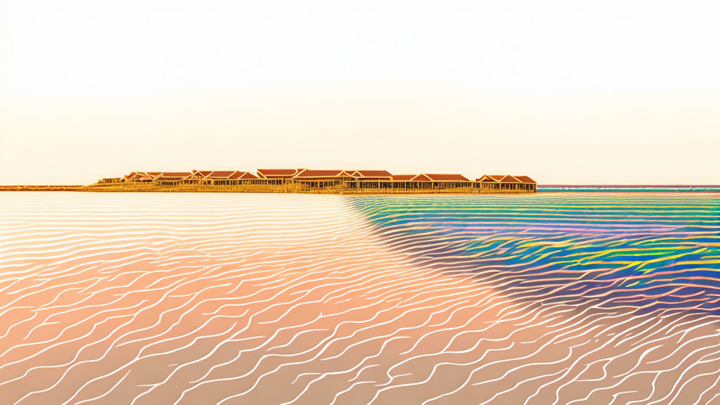 Serene overwater bungalows on calm sea at dawn or dusk