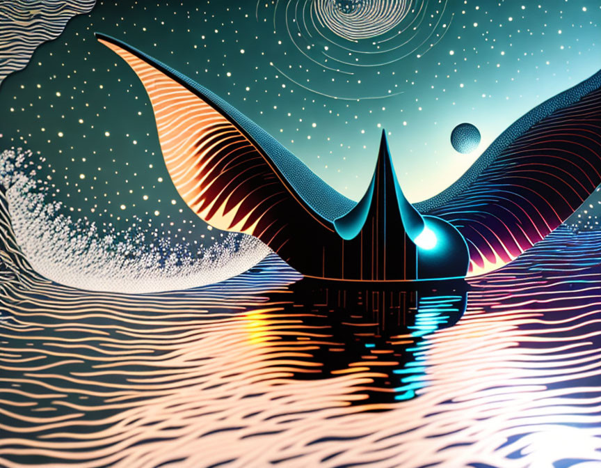 Surreal digital artwork of bird-like structure on reflective surface