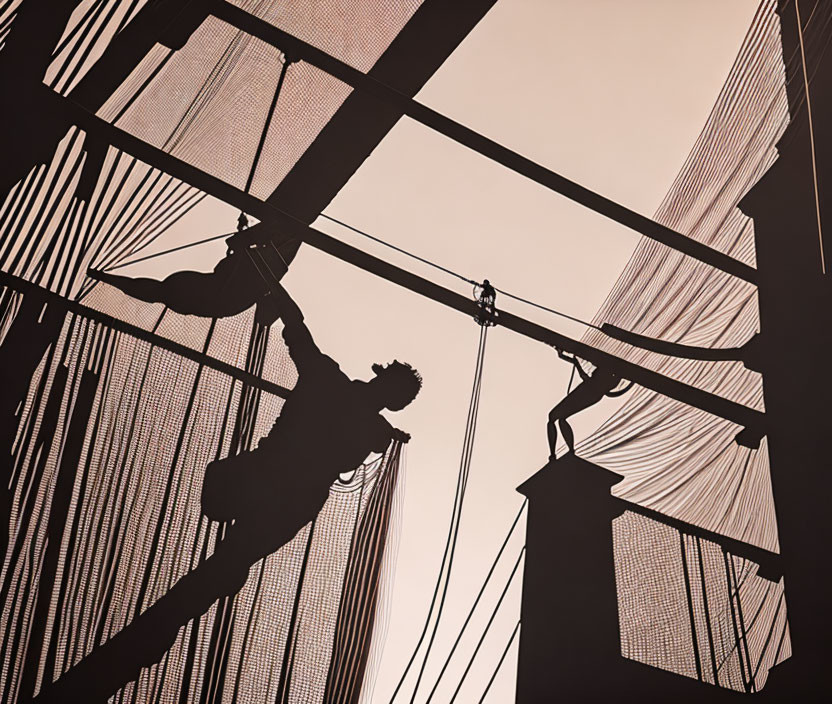 Silhouetted figures working on high steel structure with safety nets and beams against bright sky