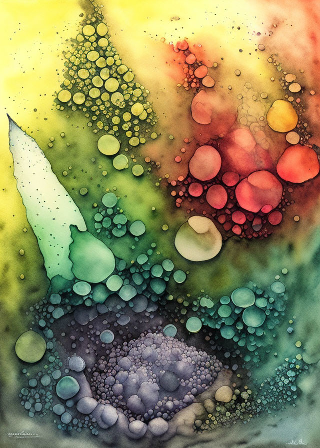 Vibrant Abstract Artwork: Green, Yellow, Red Tones with Bubble Patterns