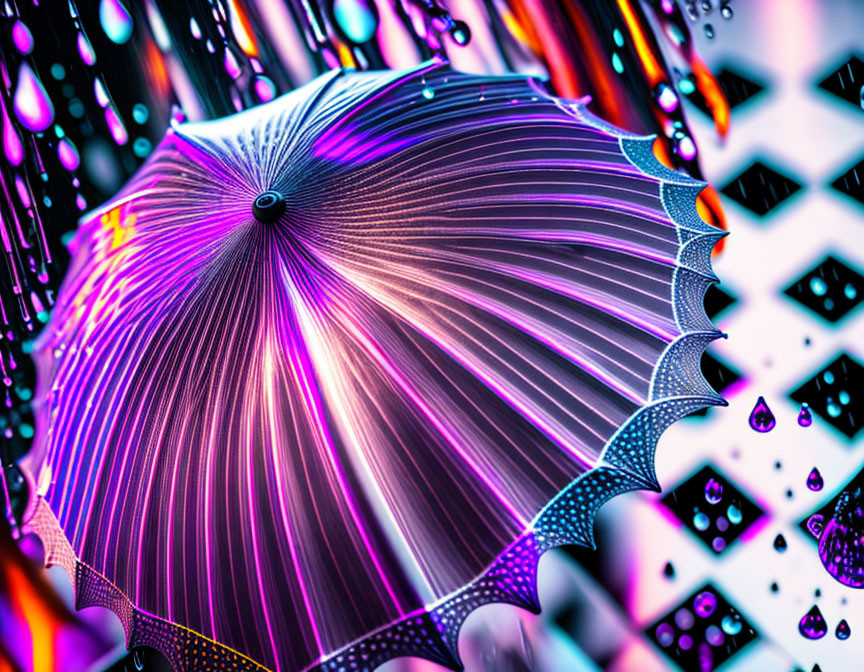 Abstract purple and blue-hued umbrella structure on colorful background