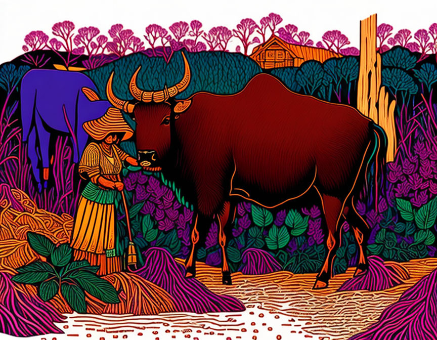 Colorful illustration: Woman in striped dress with ox in forest scene