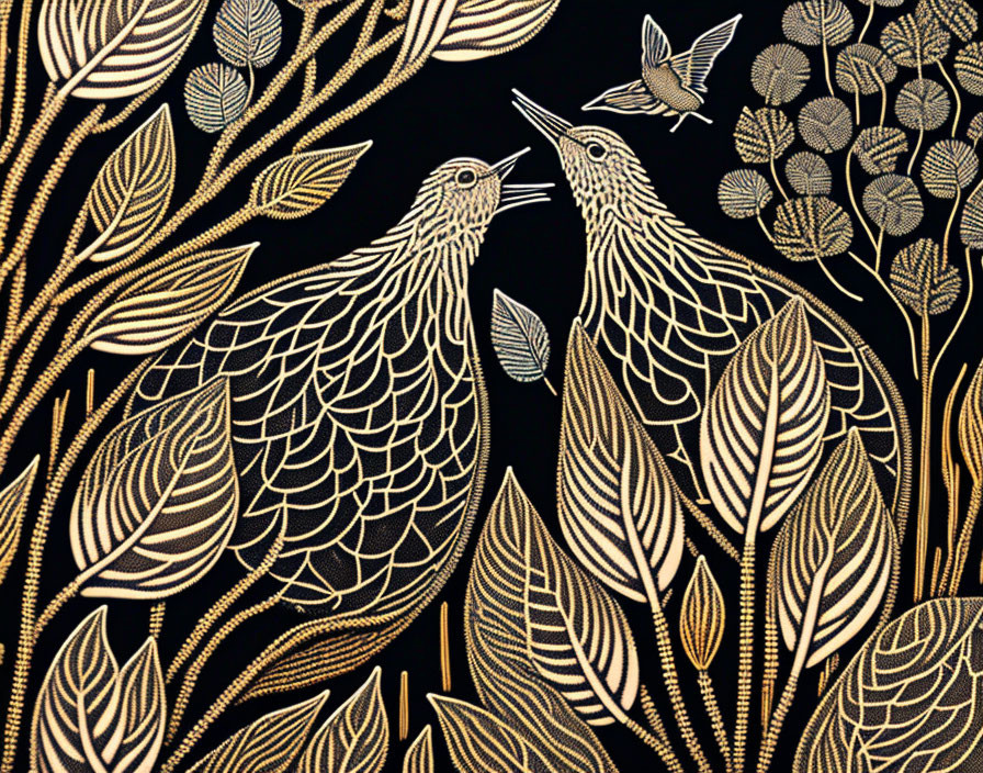 Stylized birds in golden foliage on black background