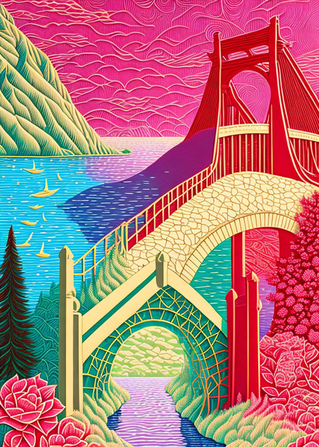 Colorful Illustration of Red Bridge Over Water and Mountain Landscape