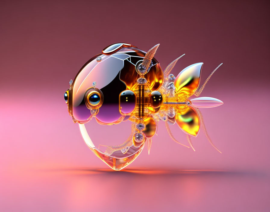 Whimsical 3D illustration of a transparent goldfish with intricate gears on pink backdrop