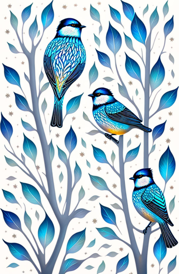 Stylized blue birds on branches with teal leaves and snowflakes