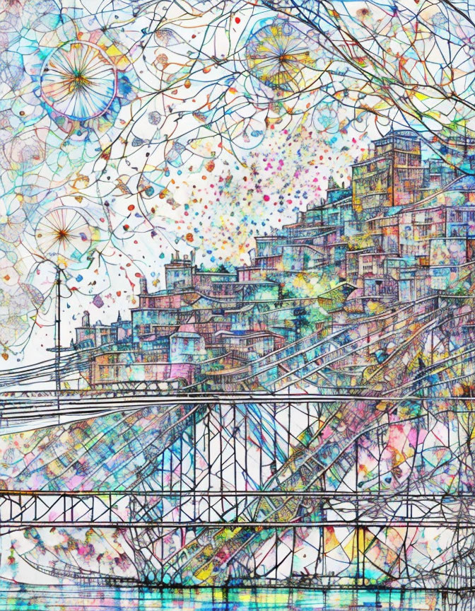 Vibrant abstract cityscape artwork with intricate details