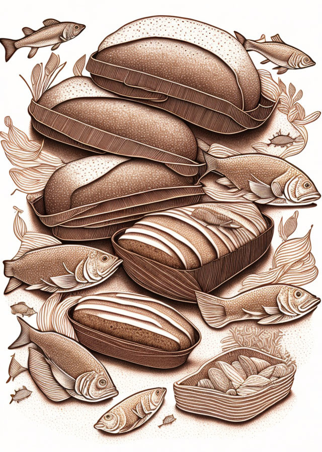 Sepia-Toned Etching Style Illustration of Bread Loaves and Fish