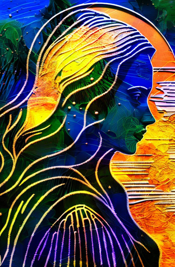 Colorful Stylized Female Profile Street Art on Abstract Background