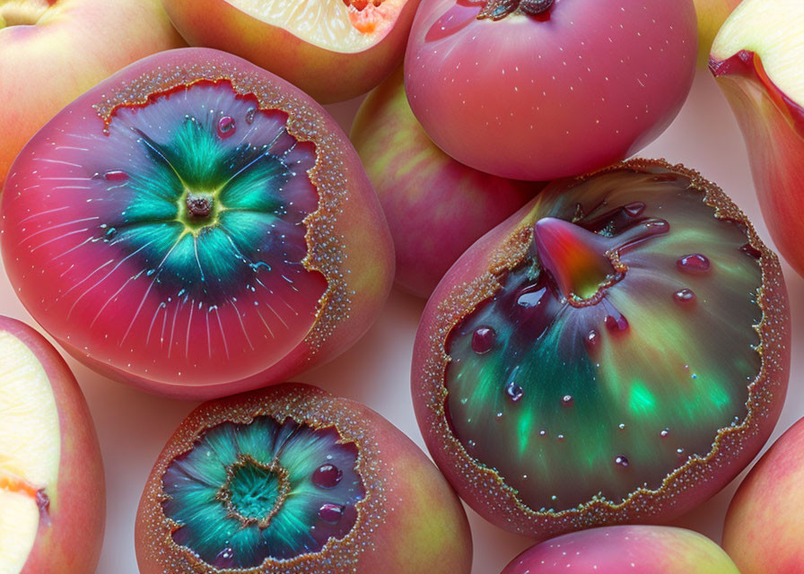 Vibrant surreal apples with colorful, glossy cut core