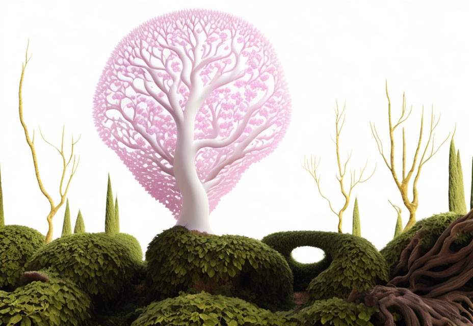 Vibrant ecosystem illustration with pink tree and whimsical foliage