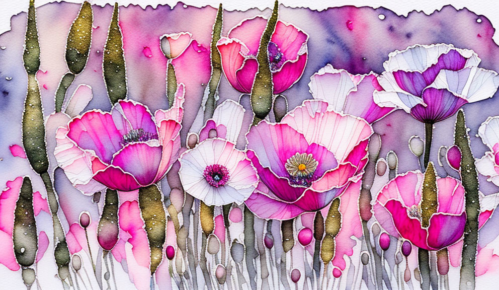 Vibrant Pink Poppies in Watercolor with Abstract Purple Background