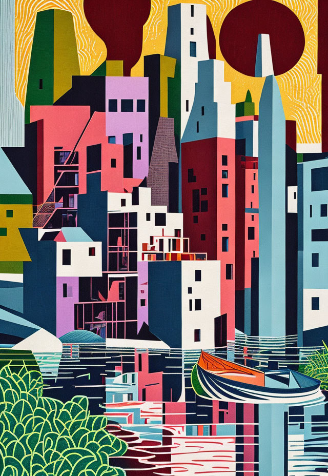 Vibrant abstract cityscape with geometric buildings and boat on water