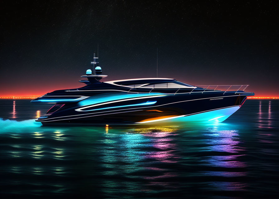 Night sailing luxury yacht with neon lights reflecting in calm waters